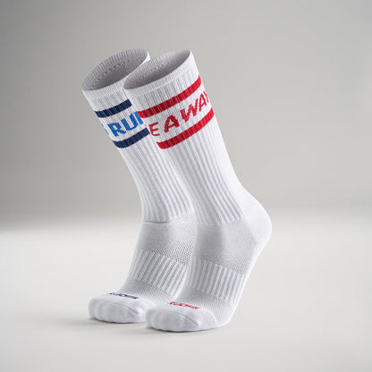 This image features a pair of white athletic socks with blue and red banding at the top labeled RUN and AWAY