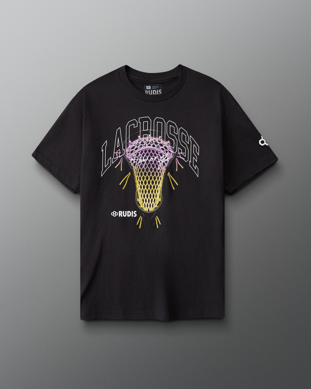 Black t-shirt with lacrosse graphic and 'RUDIS' branding on a gray background