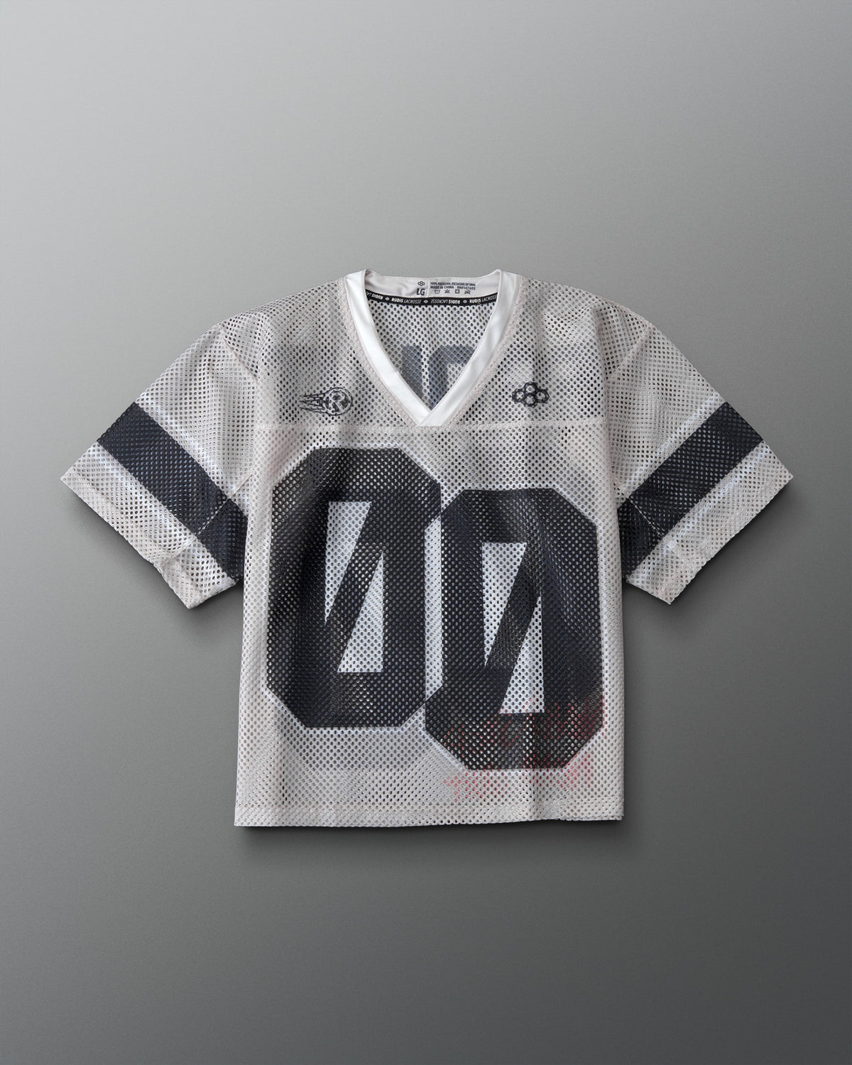 RUDIS Resolute Throwback lacrosse jersey in white mesh featuring a V-neck, black sleeve stripes, oversized "00" front number, Rocket logo, RUDIS logo, and breathable athletic construction.