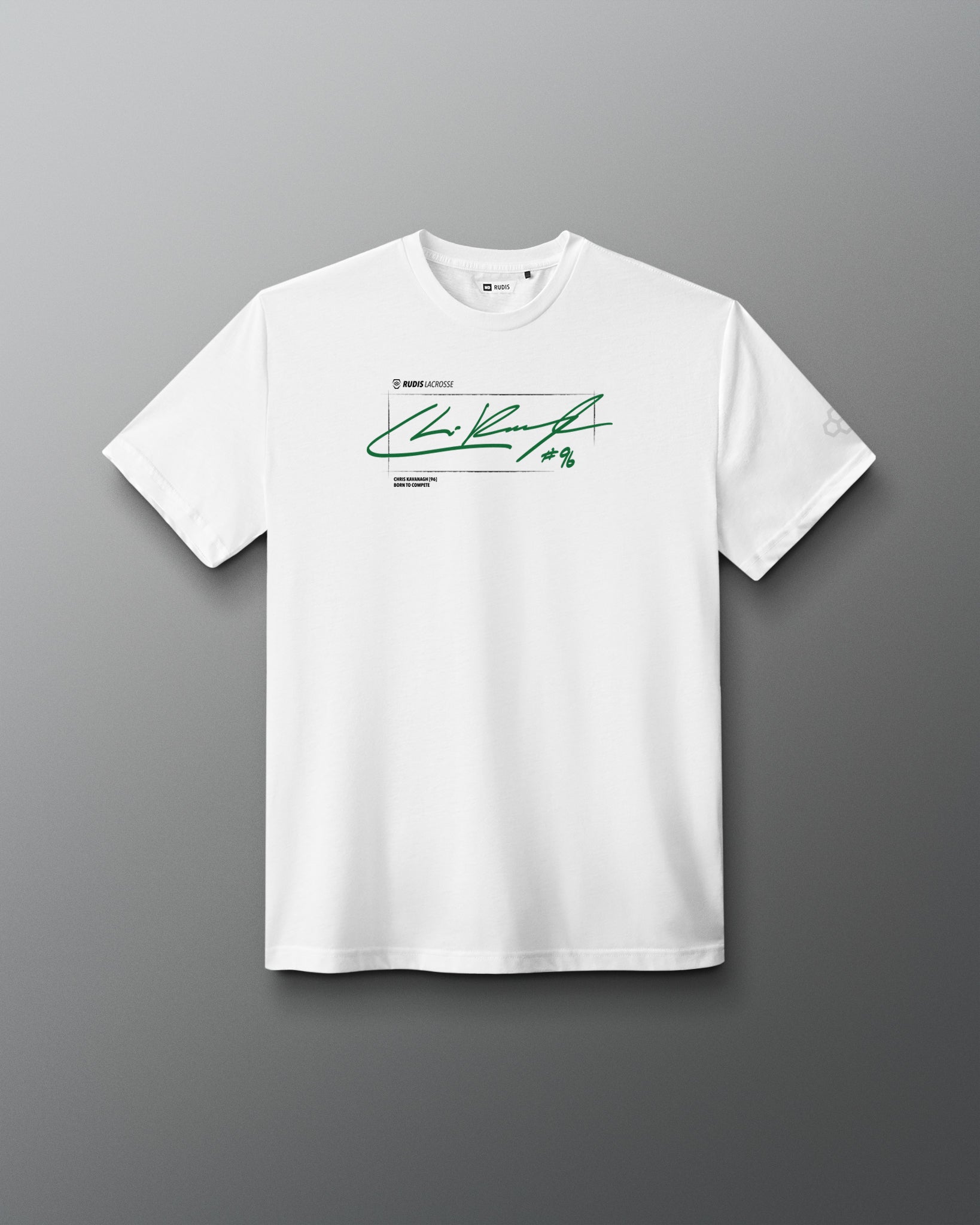 A white short-sleeve crewneck t-shirt with a green signature-style graphic and small text printed on the center chest, displayed against a dark gray gradient background.