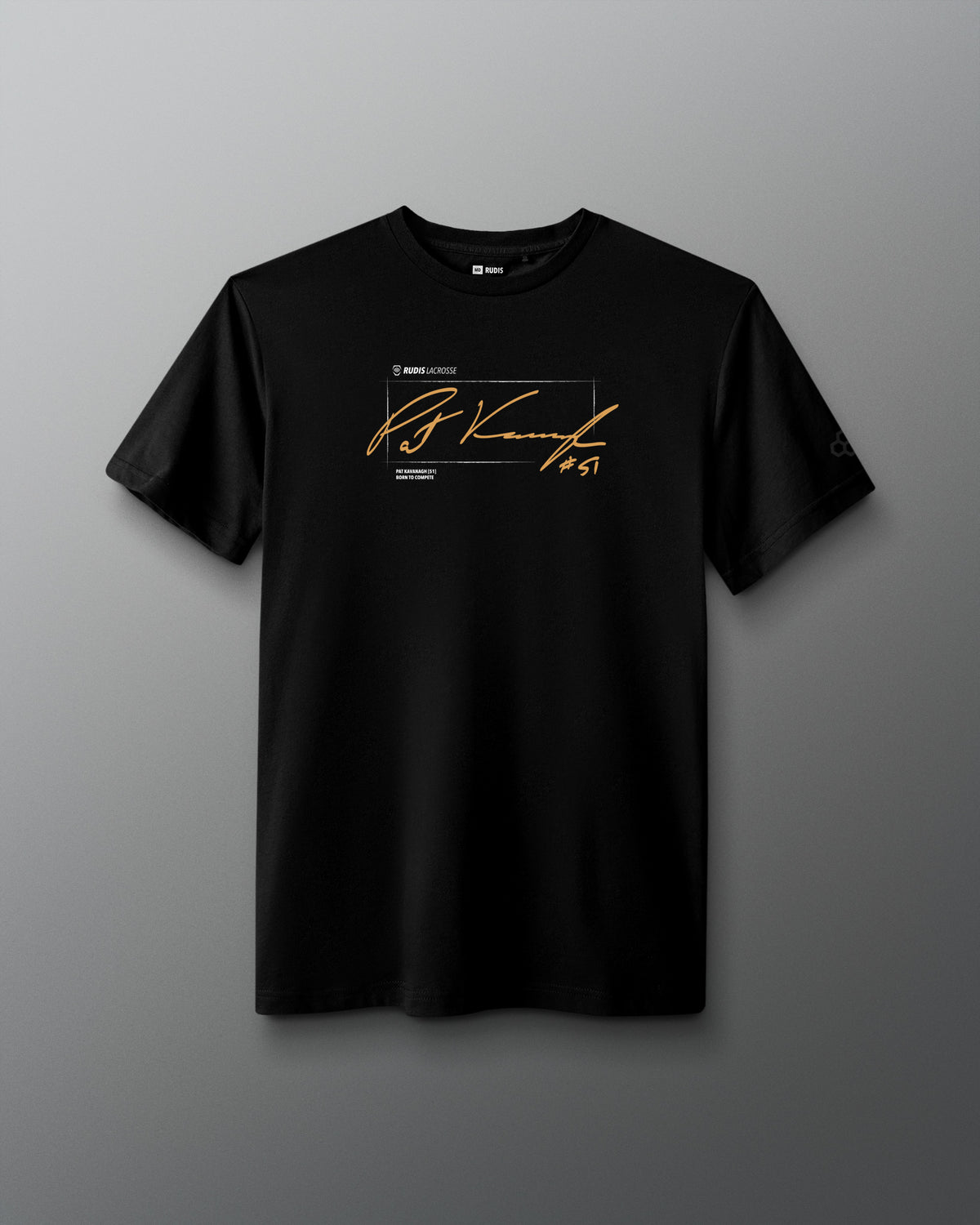 A black short-sleeve crewneck t-shirt featuring a gold signature graphic and small white text on the chest, displayed against a dark gray gradient background.