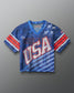 Front view of RUDIS Lacrosse Stars and Stripes Throwback Porthole Jersey in navy mesh with red, white, and blue USA graphics and American flag detail.