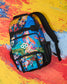 Colorful backpack with a brand logo on a multicolored abstract background