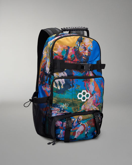 Colorful backpack with artistic design on a gray background