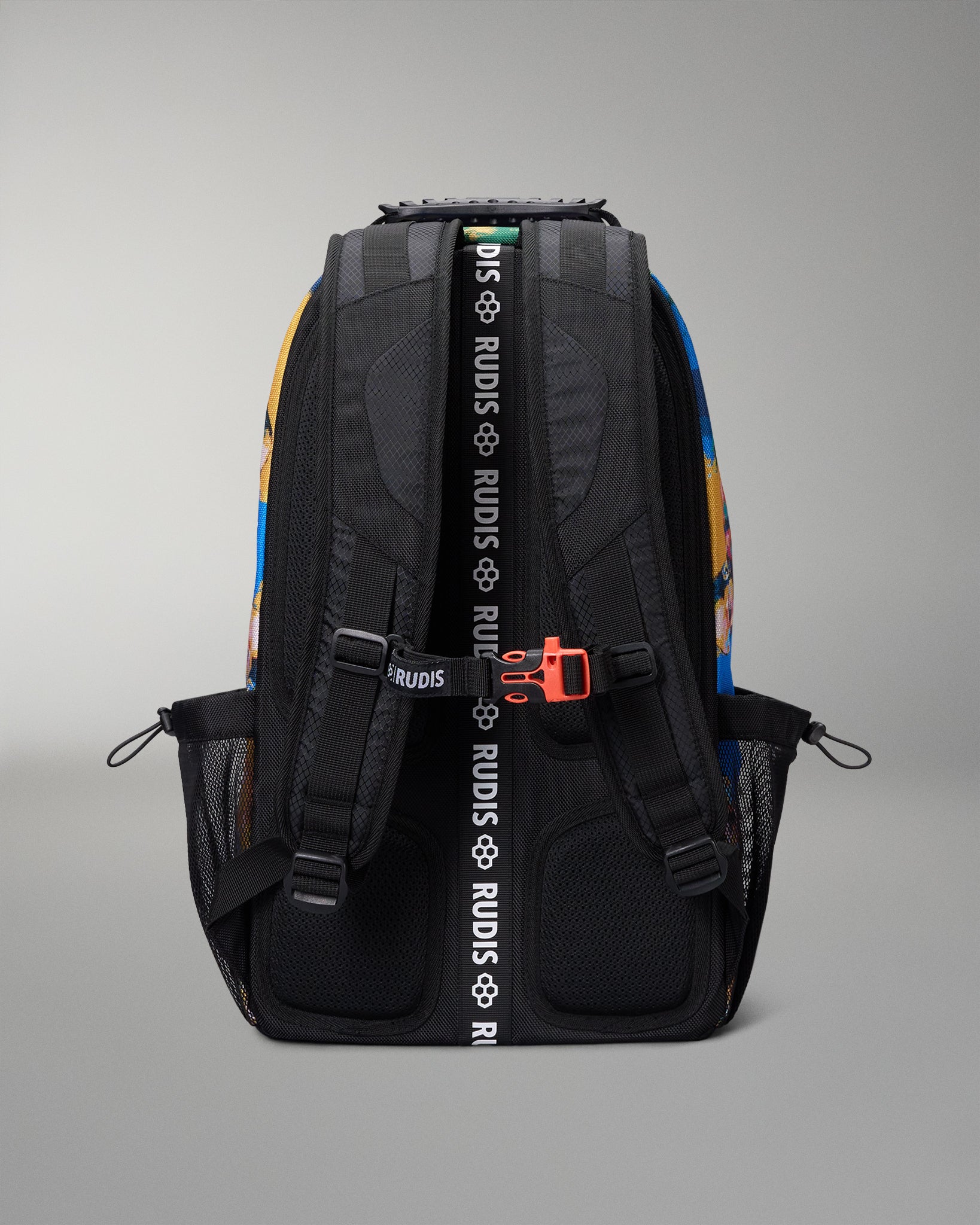 Backpack with visible branding on a gray background