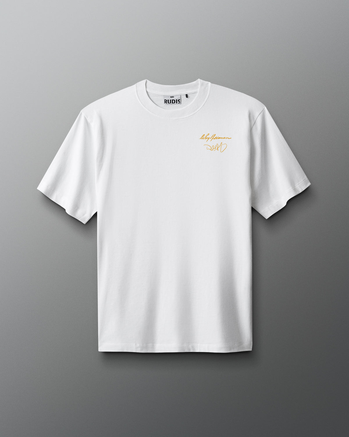 White t-shirt with yellow text on a gray background