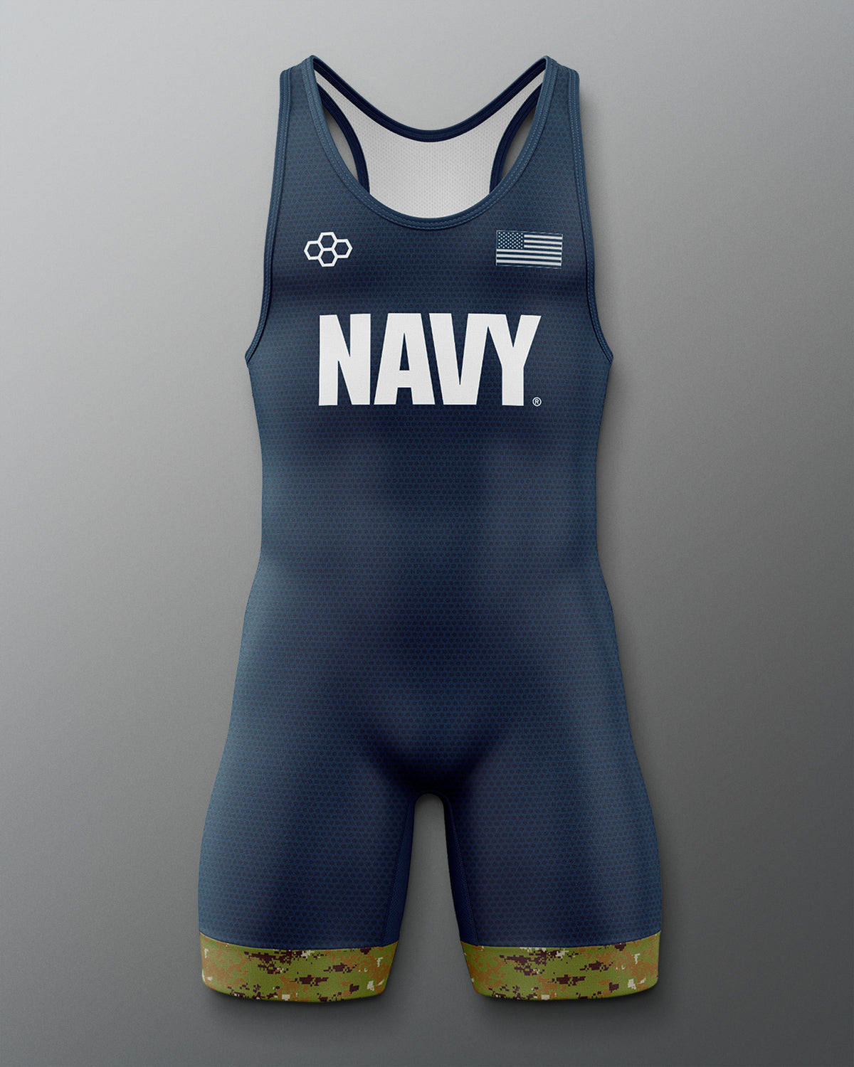 Navy wrestling singlet with 'NAVY' printed on the front against a light gray background