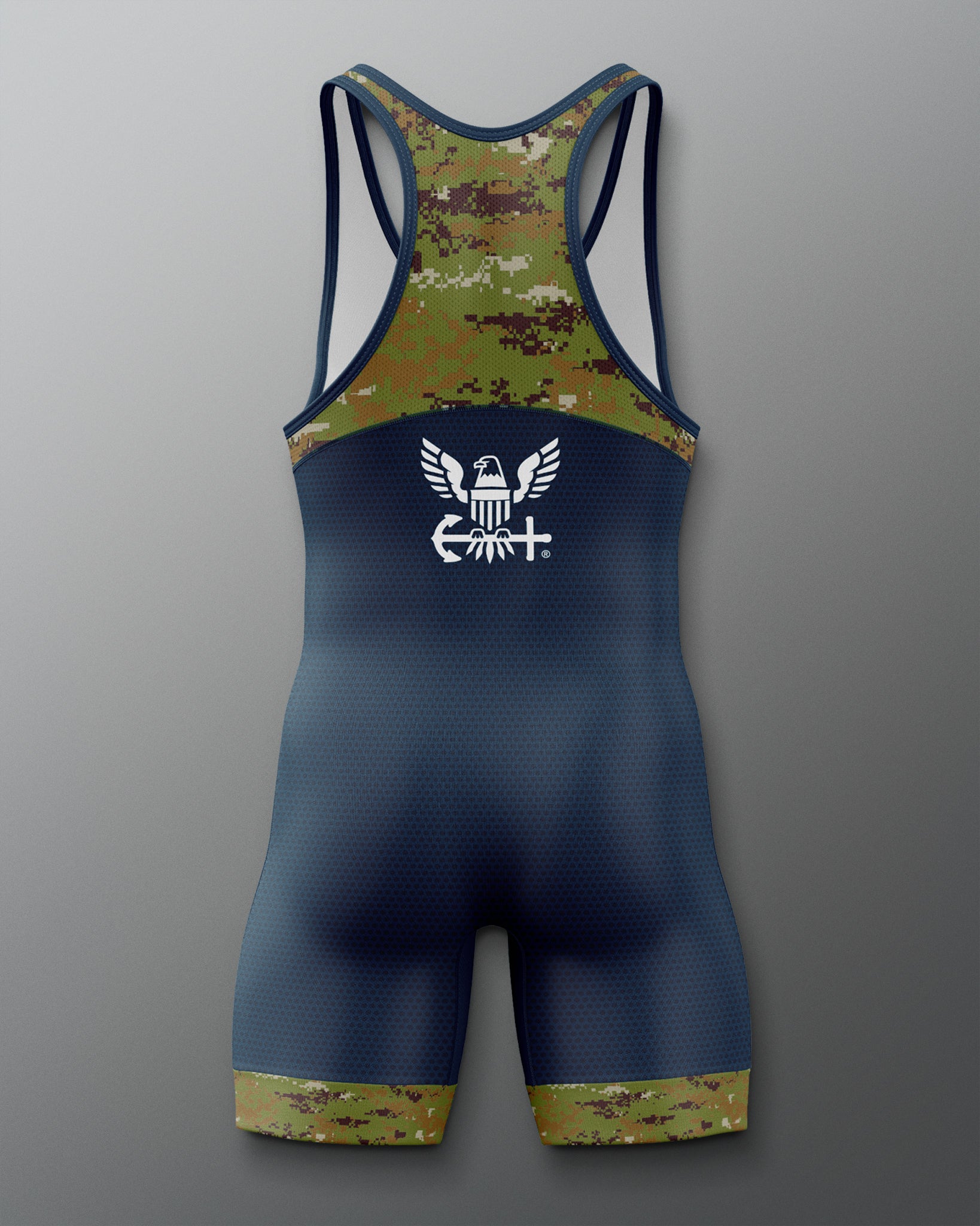 Navy blue and camouflage wrestling singlet with a logo on a white background