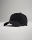 A sleek black cap featuring a circular logo on the front