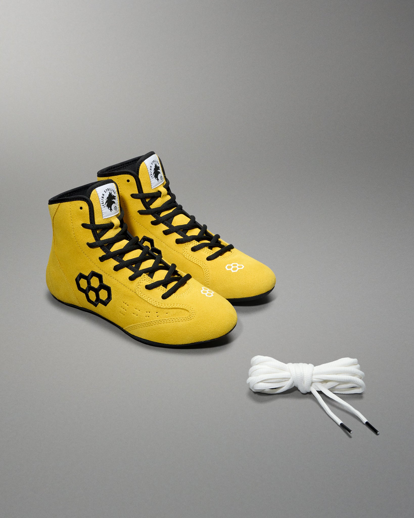 RUDIS Rocky International Adult Wrestling Shoes in yellow and black with alternate white laces.