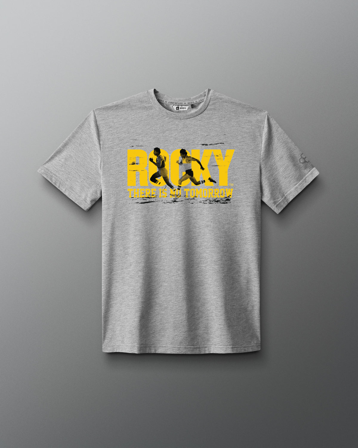 Gray t-shirt with 'Rocky There is No Tomorrow' graphic on a gray background