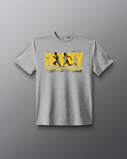 Gray t-shirt with 'Rocky There is No Tomorrow' graphic on a gray background