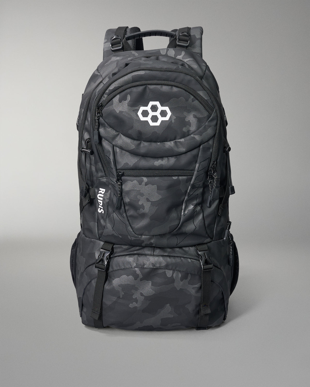 Black camouflage backpack with a logo on a gray background