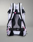 Back view of a white backpack with black straps on a gray background
