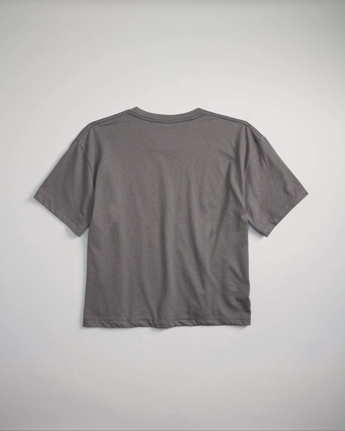 A simple casual gray t-shirt displayed from the back view against a neutral background