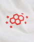 A minimalist design featuring a red graphic of interlocking hexagons and stars on a white fabric background