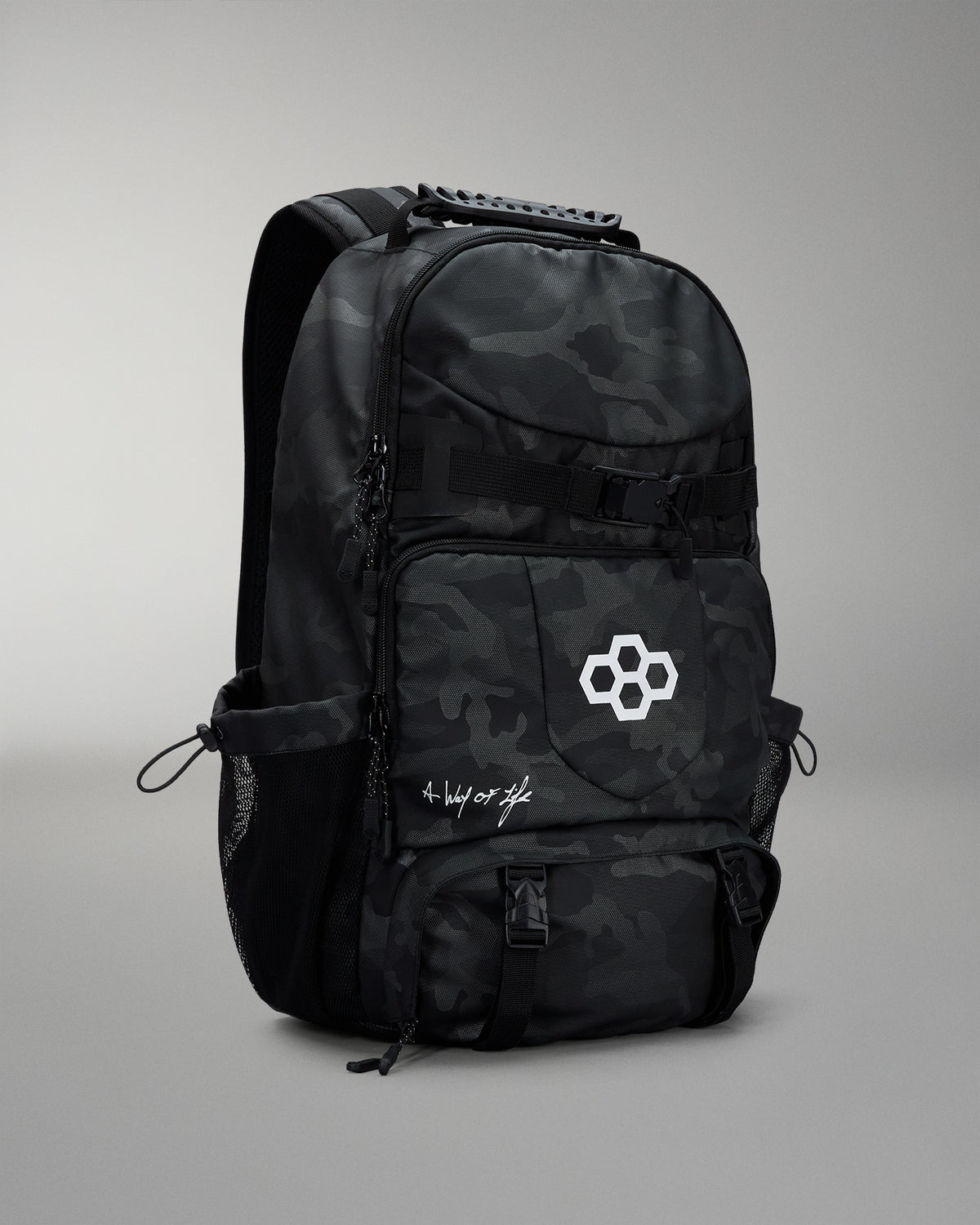 Black camouflage backpack with a logo on a gray background