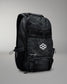 Black camouflage backpack with a logo on a gray background