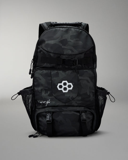 Black camouflage backpack with a logo on a gray background