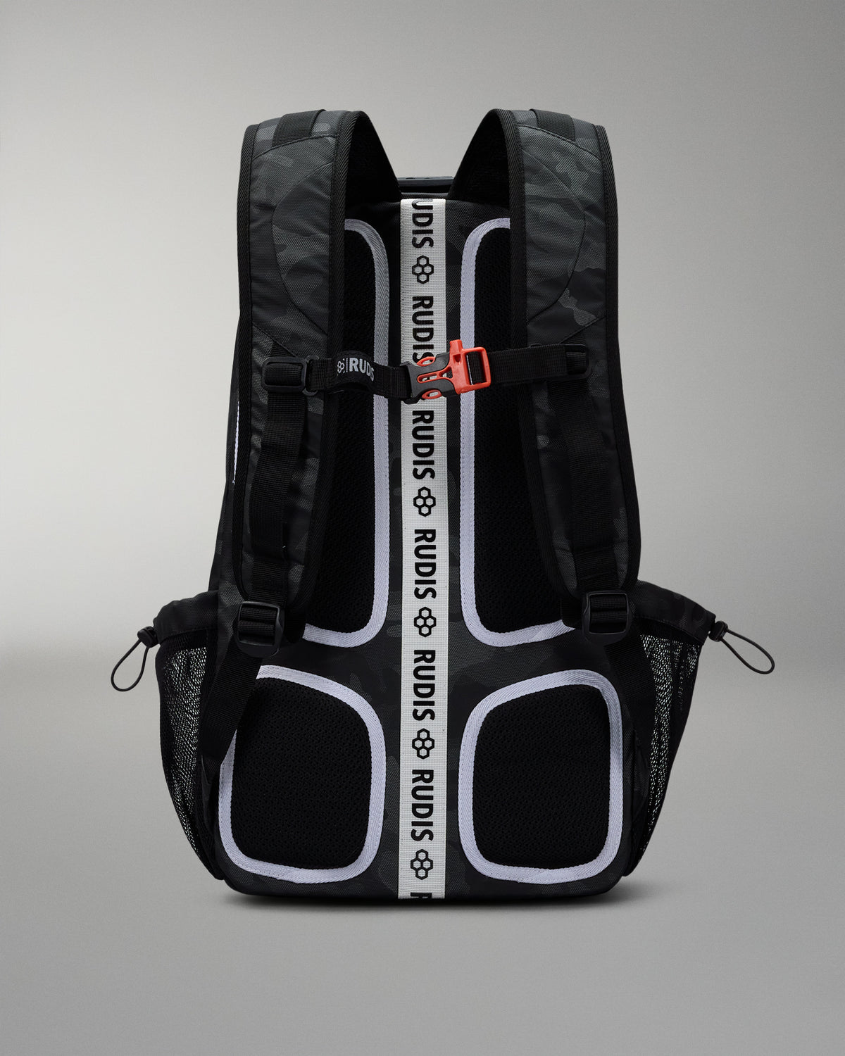 Black backpack with visible branding on a gray background