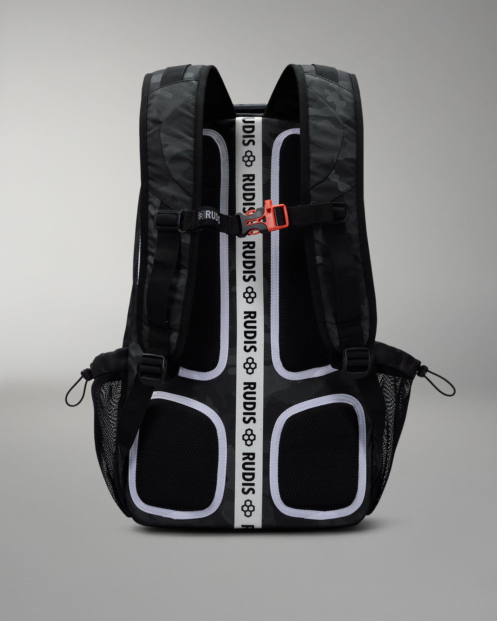 Black backpack with visible branding on a gray background