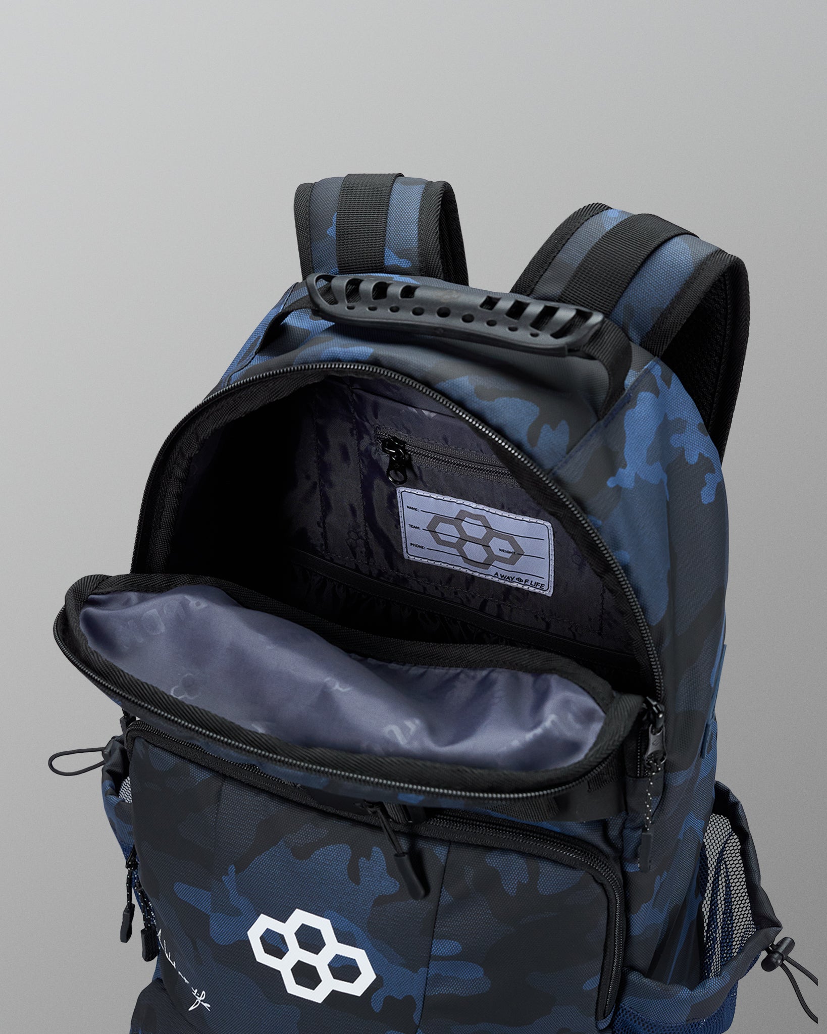 Blue camouflage backpack with open front compartment on a gray background