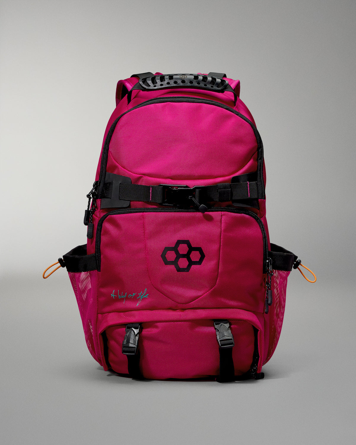 Pink backpack with black accents on a gray background