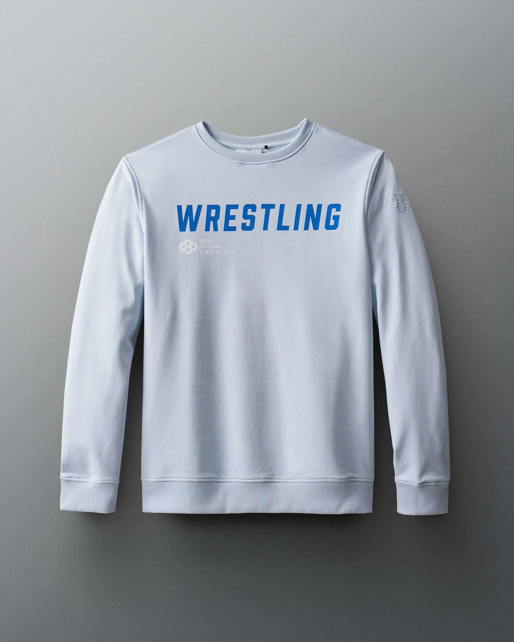A gray terry crewneck sweatshirt with the text 'WRESTLING' printed in blue on the front.