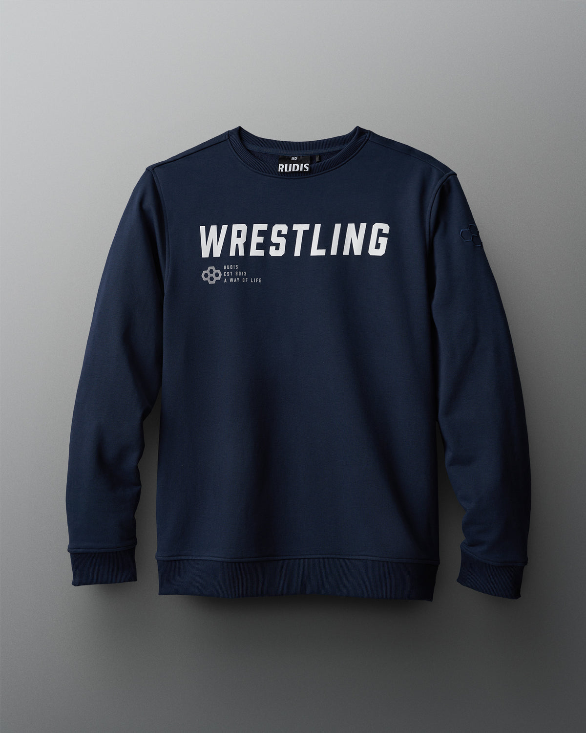 A gray terry crewneck sweatshirt with the text 'WRESTLING' printed in blue on the front.