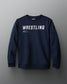 A gray terry crewneck sweatshirt with the text 'WRESTLING' printed in blue on the front.