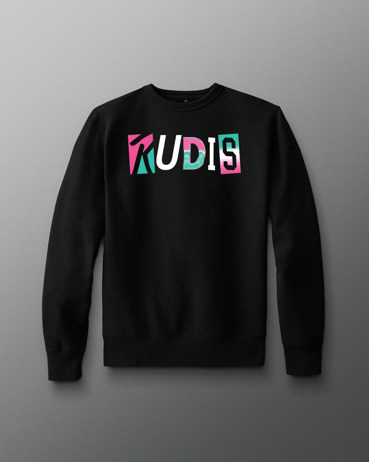 Black sweatshirt with colorful 'RUDIS' text on a gray background