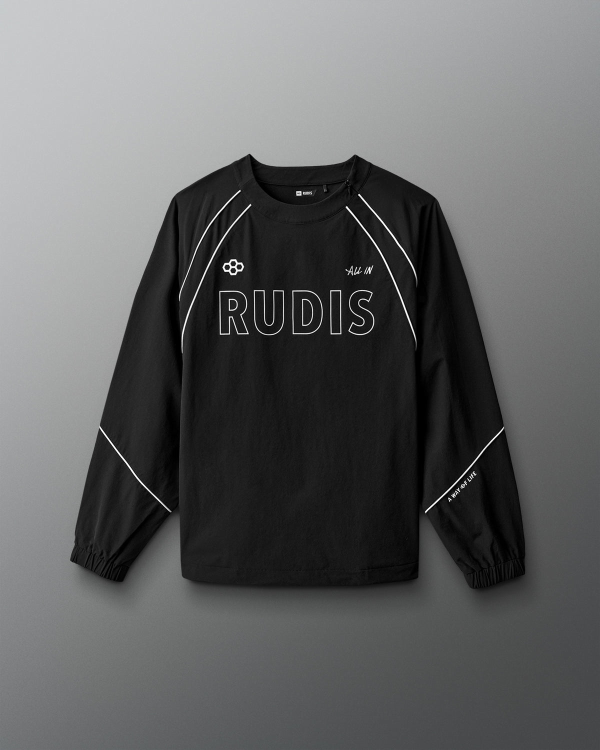 Black long-sleeve athletic shirt with 'RUDIS' branding on a gray background