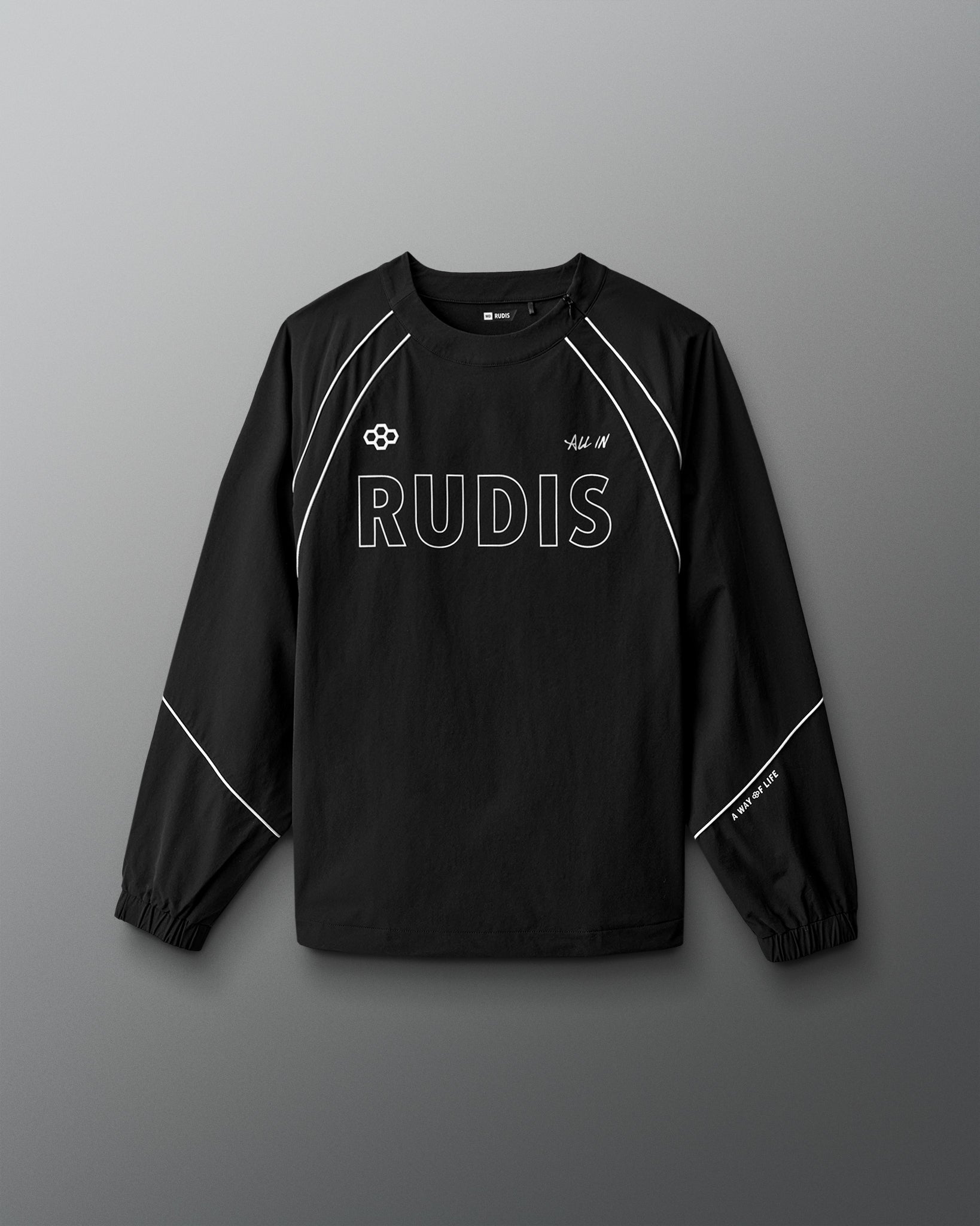 Black long-sleeve athletic shirt with 'RUDIS' branding on a gray background