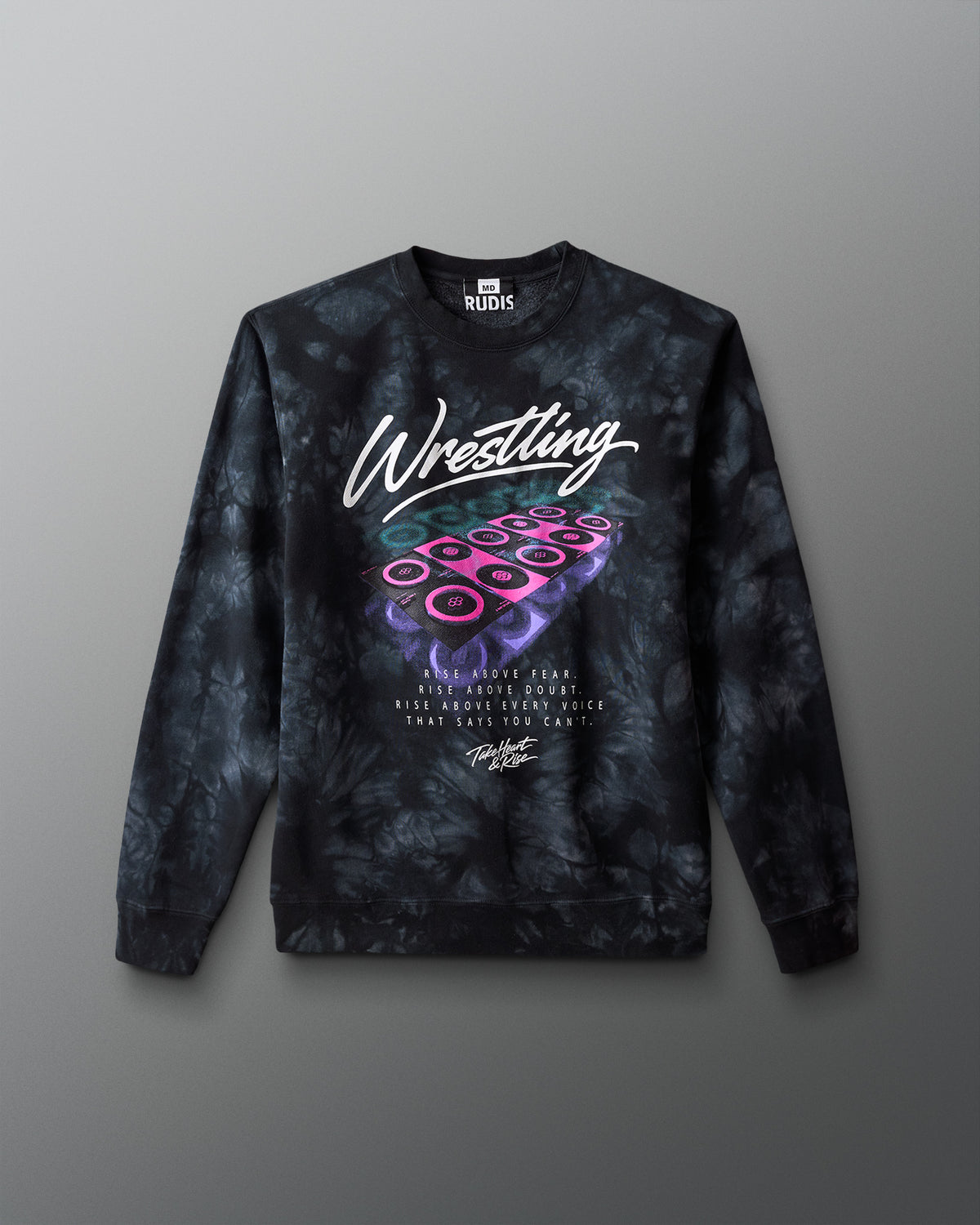 Tie-dye sweatshirt with 'Wrestling' text and colorful design on a gray background