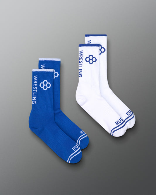 Two pairs of socks, one blue and one white, with 'Wrestling' text on a gray background.