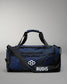 Blue wrestling duffel bag with black straps and 'RUDIS' branding on a gray background