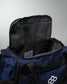 Blue wrestling duffel bag with open top showing interior, on a gray background