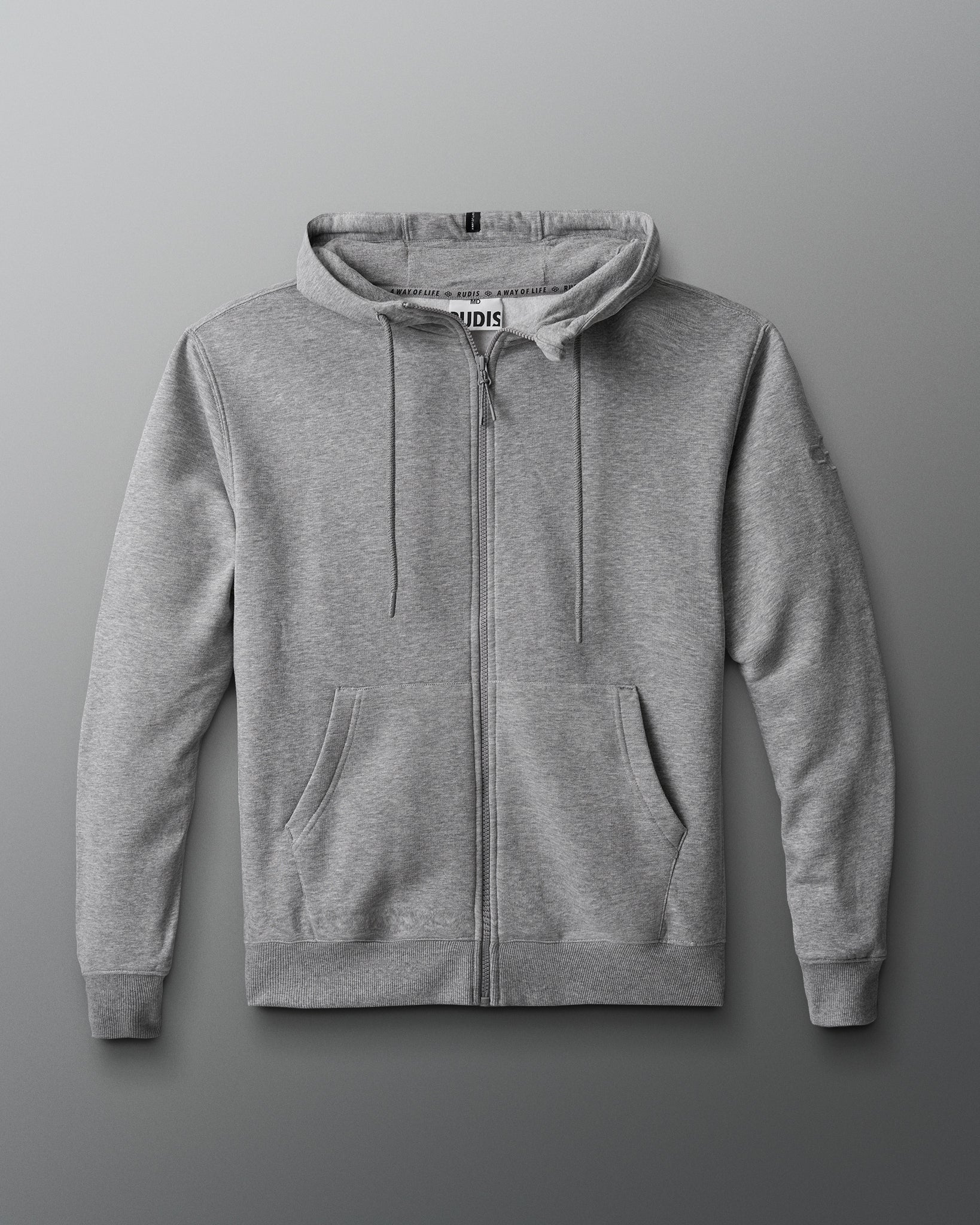 Gray hoodie with a brand logo on a gray background
