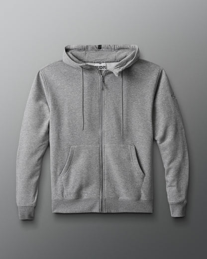 Gray hoodie with a brand logo on a gray background