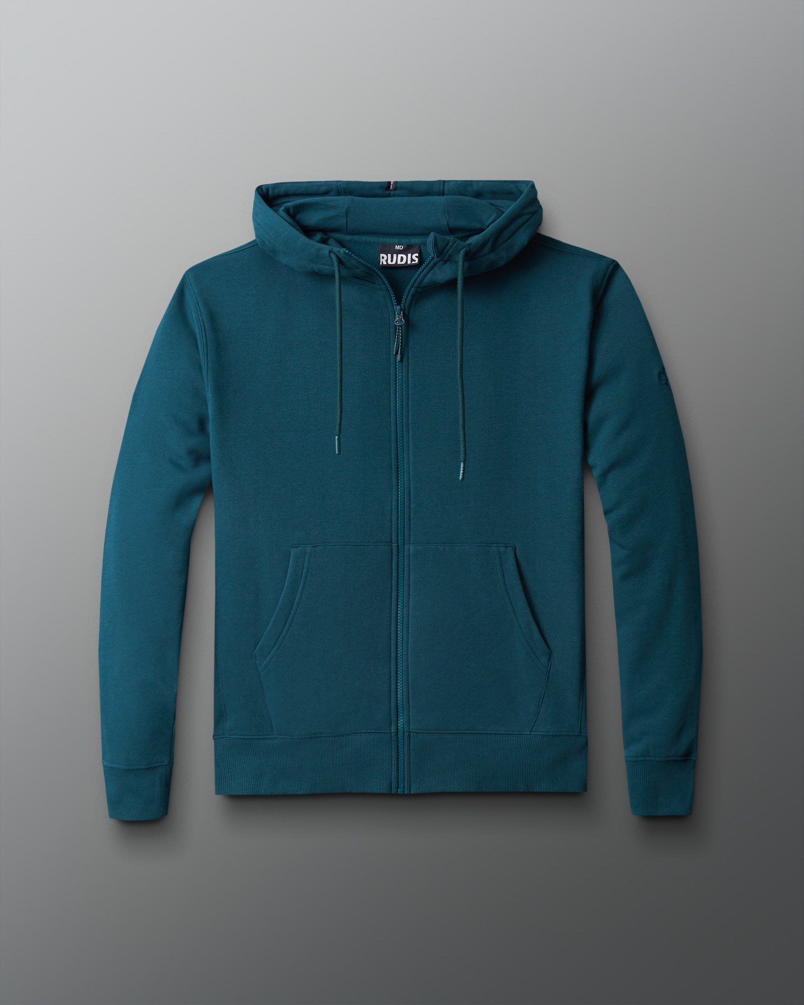 A gray fleece full zip jacket with a hood, displayed on a plain background.