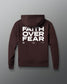 Brown hoodie with 'Faith Over Fear' text on the back against a gray background