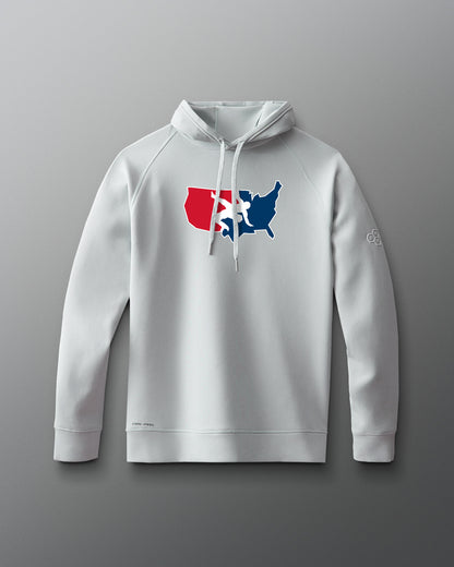 White hoodie with a graphic of the USA Wrestling logo on the front, featuring a red and blue design.