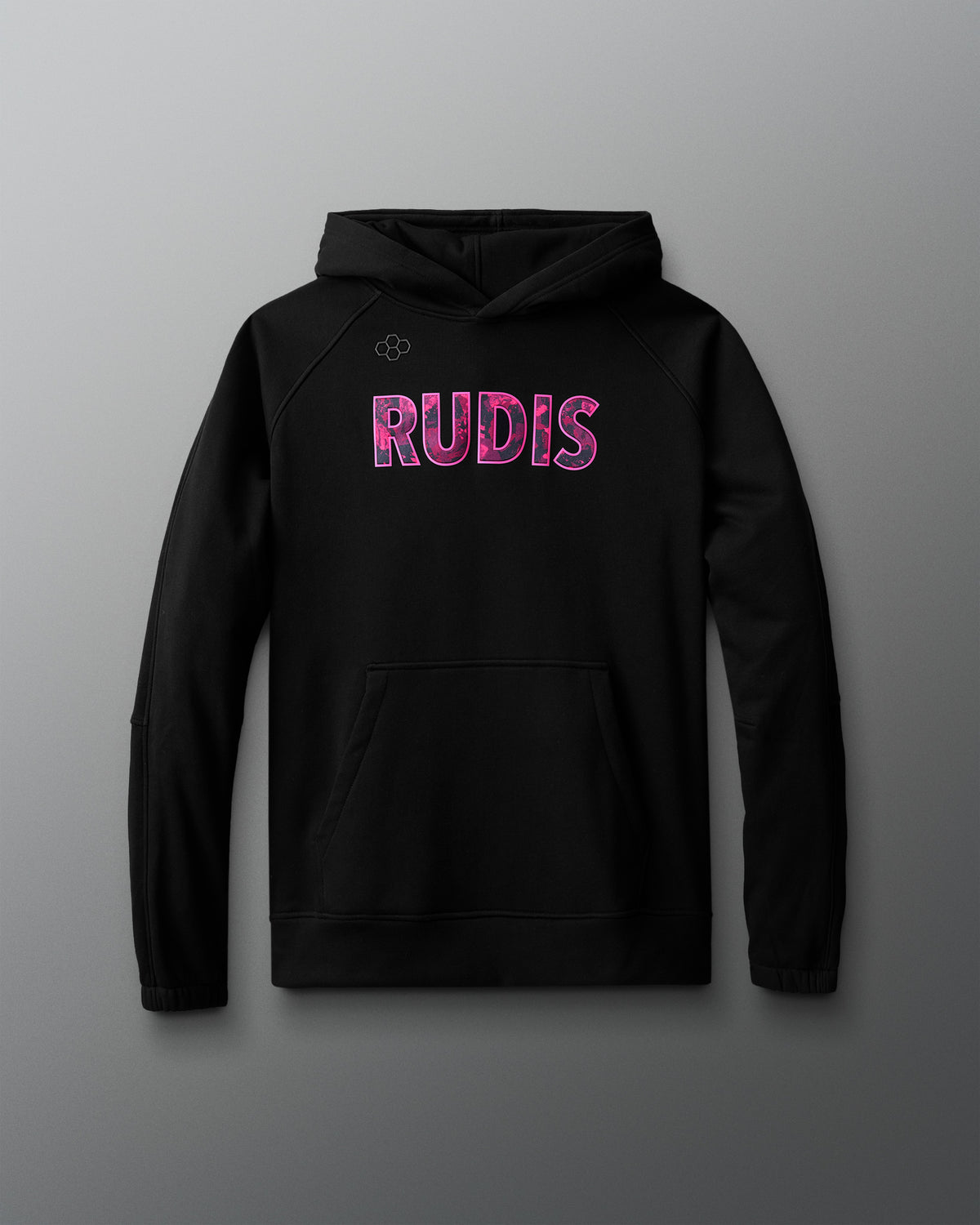 Black hoodie with 'RUDIS' text on a gray background