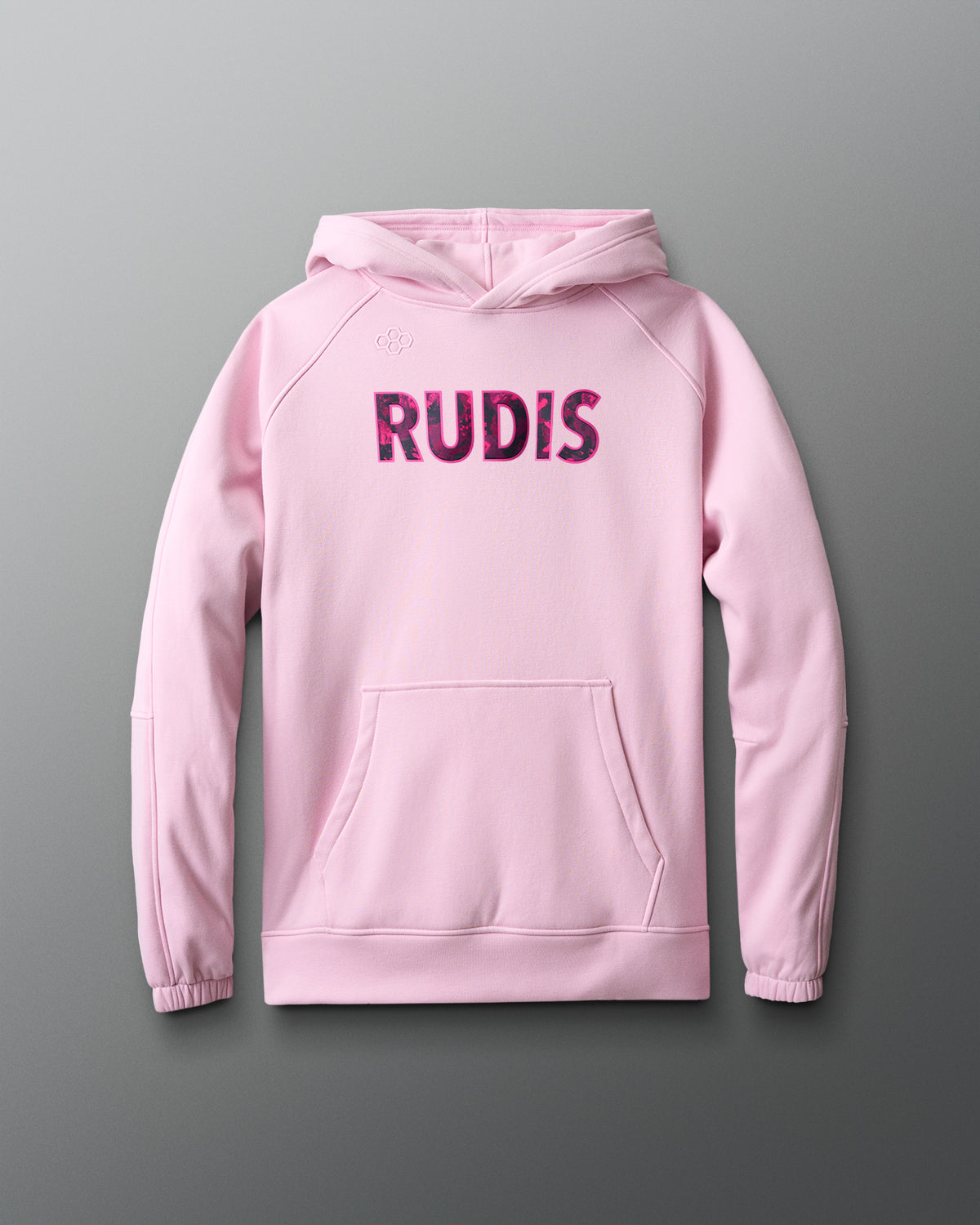 Pink hoodie with 'RUDIS' branding on a gray background