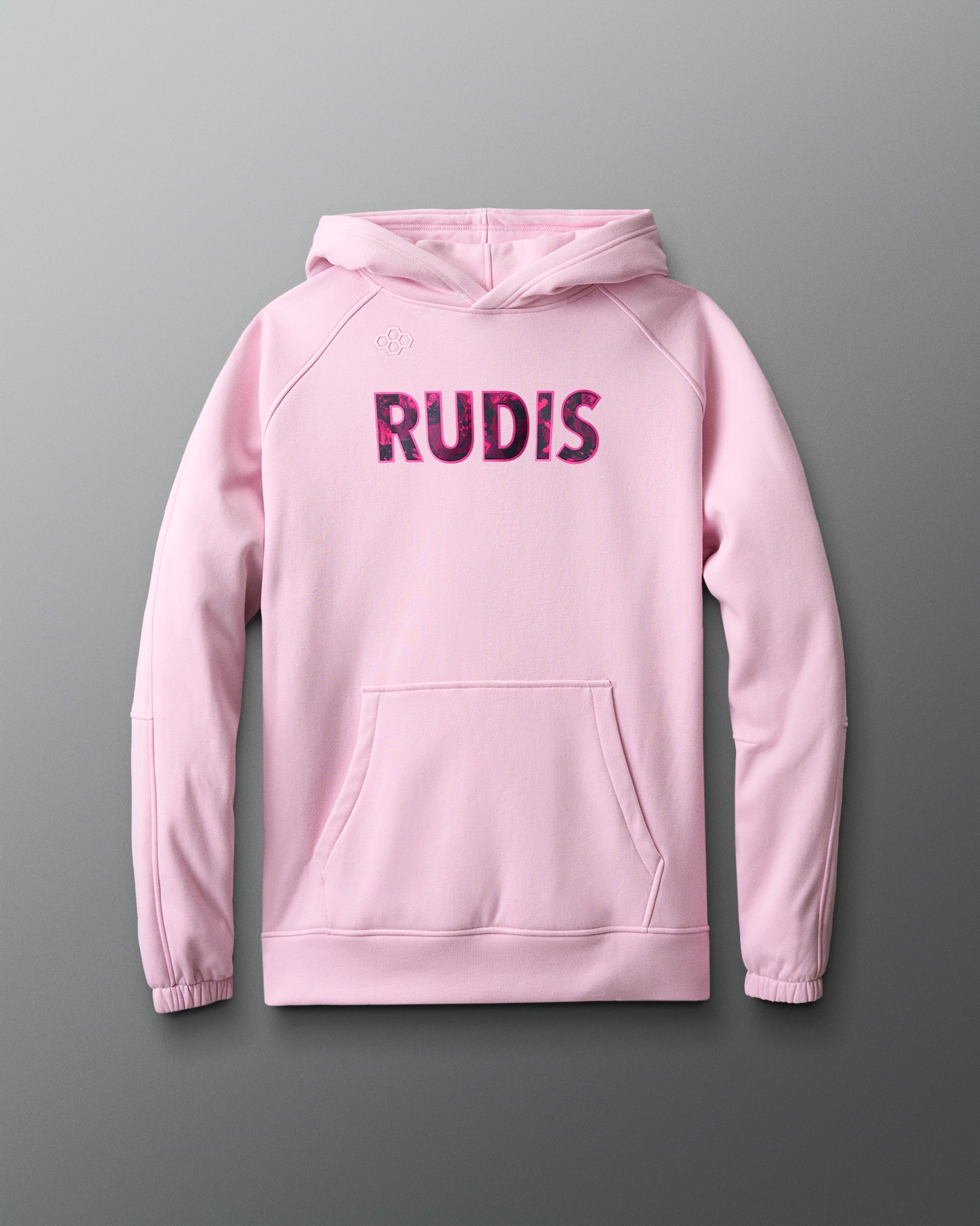 Pink hoodie with 'RUDIS' branding on a gray background