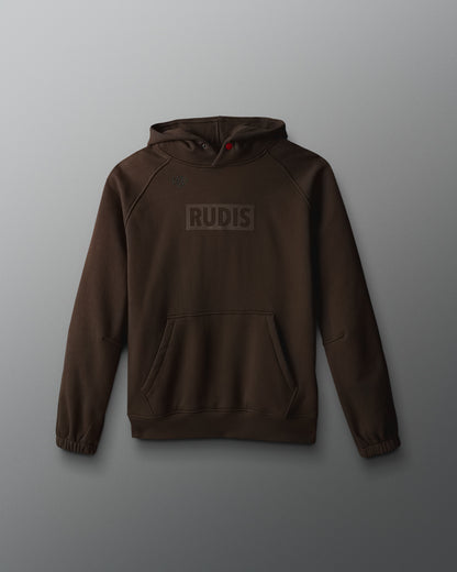 Brown hoodie with 'RUDIS' logo on a gray background