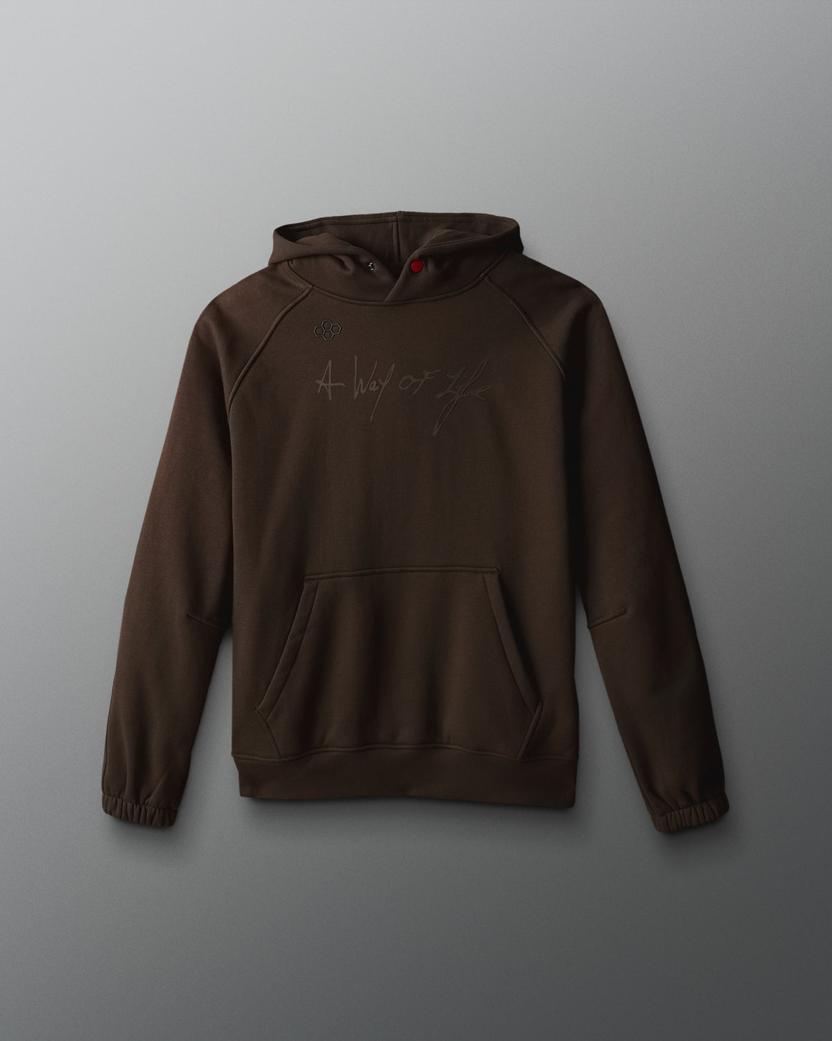 Front view of the RUDIS A Way Of Life Tech Fleece Hoodie in bark brown, featuring tonal A Way Of Life script across the chest, a small RUDIS emblem, kangaroo pocket, and elastic cuffs.