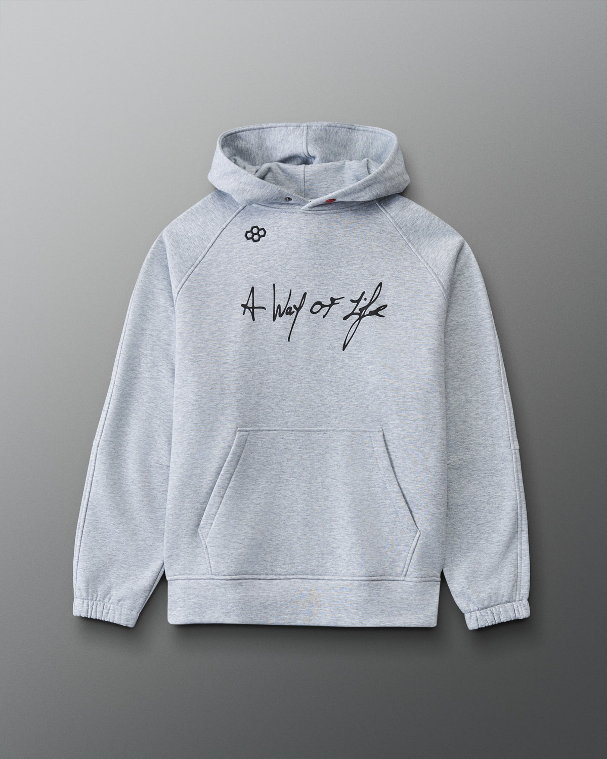 A light gray heather pullover hoodie with a kangaroo pocket and drawstring hood, featuring the text 'A way of life' printed in black script across the chest and a small circular logo on the left chest, shown against a dark gray gradient background.