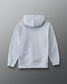 A light gray heather pullover hoodie shown from the back, laid flat against a dark gray gradient background.