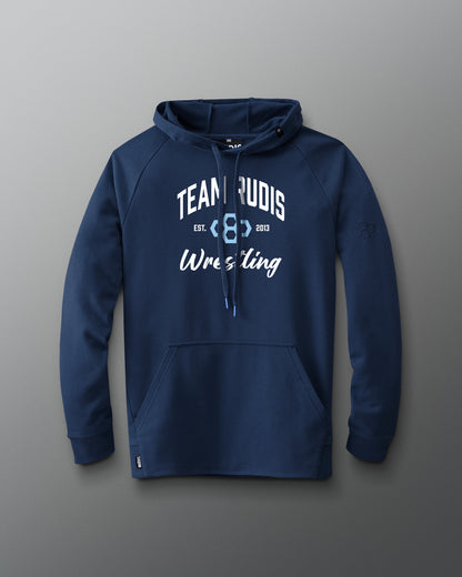 Navy blue hoodie with 'Team Rudis Wrestling' text on a gray background